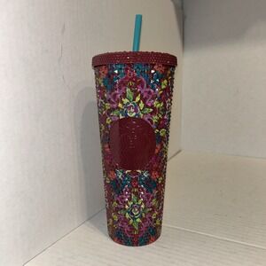 Starbucks Floral Tumbler in Burgundy with Teal Straw